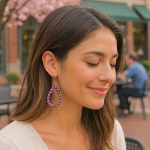 Purple Beaded Teardrop Hoop Earrings Possibly Native American Made Howlite? NWOT
